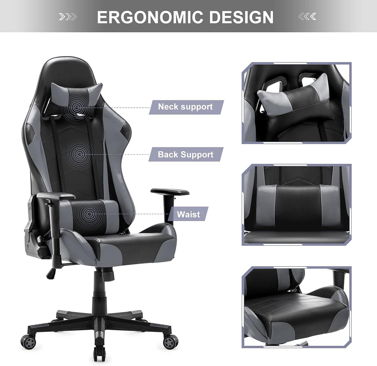 IntimaTe WM Heart Gaming stoel, ergonomische bureaustoel, verstelbare bureaustoelen, verstelbare racestoelen, pc-gamingstoel met hoge rugleuning met armen en rugsteun,52 * 54 * 14,Grijs