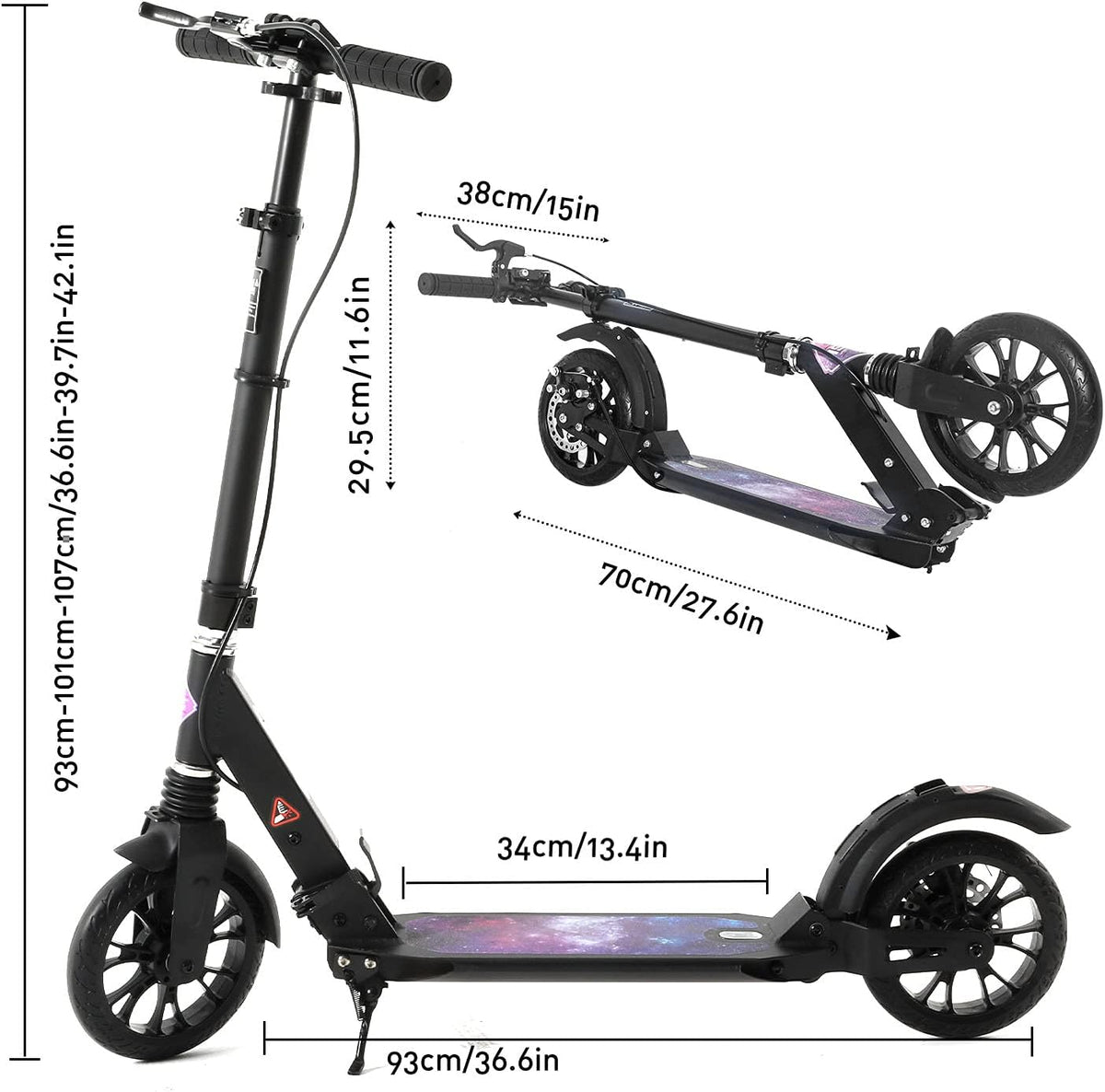 ISE Scooter van aluminium, opvouwbaar, 2 wielen, verstelbare stuurhoogte, dubbel schokabsorberend en remsysteem, groot wiel met antislipband, voor volwassenen en jongeren vanaf 12 jaar