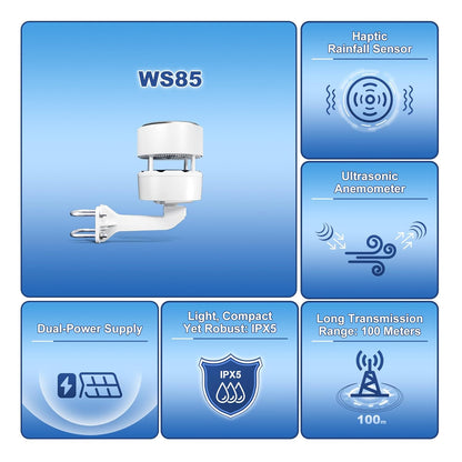 ECOWITT WS85 Weersensor voor weerstations/consoles WS3800/WS3900/HP2560, outdoor-tuineenheid met ingebouwd zonnepaneel, regenmeter, snelheidssensoren, windrichting