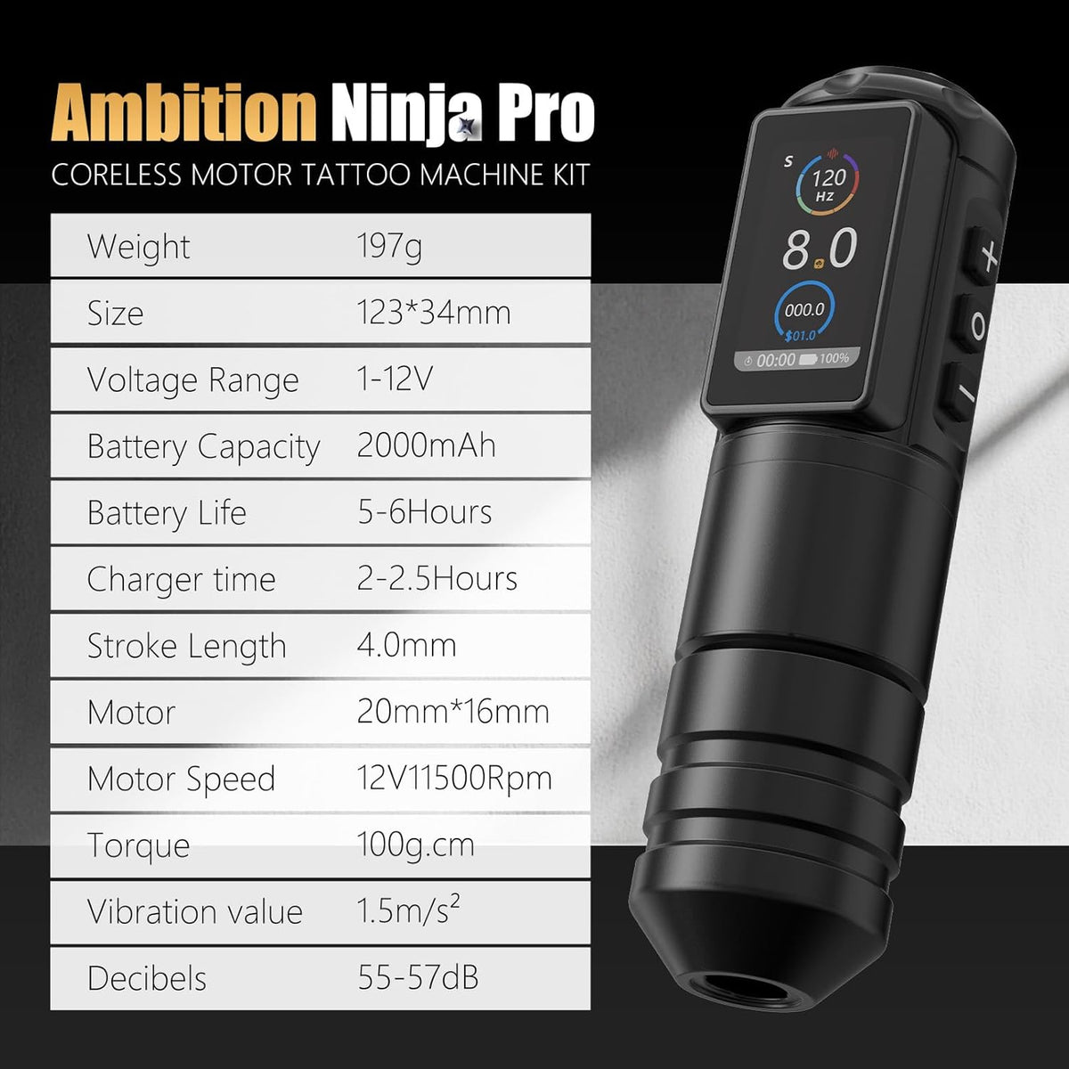 Ambition Ninja Pro Tattoomachine - Intelligente facturering, kernloze motor rotary cartridge pen duale 2000mAh voeding voor professionals én beginners