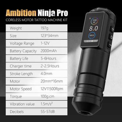 Ambition Ninja Pro Tattoomachine - Intelligente facturering, kernloze motor rotary cartridge pen duale 2000mAh voeding voor professionals én beginners