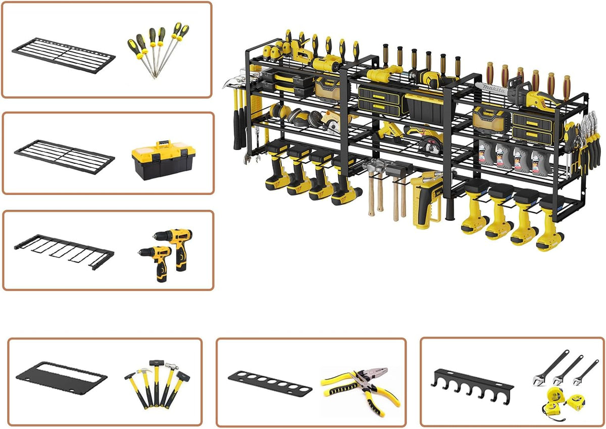 W-17 4-laags metalen heavy-duty garagegereedschap, werkplaatsschuur, organizer met 4 extra boorhouders (120 x 25 x 45 cm, 4 lagen)