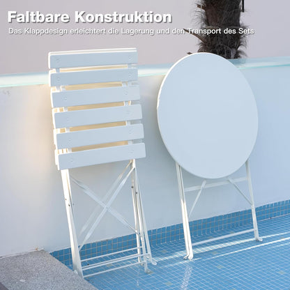 Tuinmeubelset, weerbestendig, balkonmeubelset, 3-delig, voor klein balkon, bistrotafel met 2 stoelen, bistroset, inklapbaar, wit