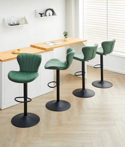 TUKAILAI Barkruk, set van 2, fluweel, barstoel, in hoogte verstelbaar, 360 graden draaibaar, kruk met rugleuning, voetensteun, metalen frame, moderne schaalvorm, keukenkruk, barkruk voor keukenbars