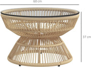 Tuintafel - Tuintafel Rond - Bijzettafeltje - Bistrotafel - Salontafel - Rotanlook - met  Dienblad van Gehard Glas - voor Terras - Tuin - Ø 60 x 37 cm - 	Natuurlijk Hout