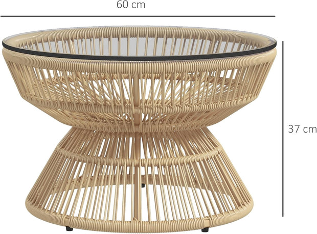 Tuintafel - Tuintafel Rond - Bijzettafeltje - Bistrotafel - Salontafel - Rotanlook - met  Dienblad van Gehard Glas - voor Terras - Tuin - Ø 60 x 37 cm - 	Natuurlijk Hout