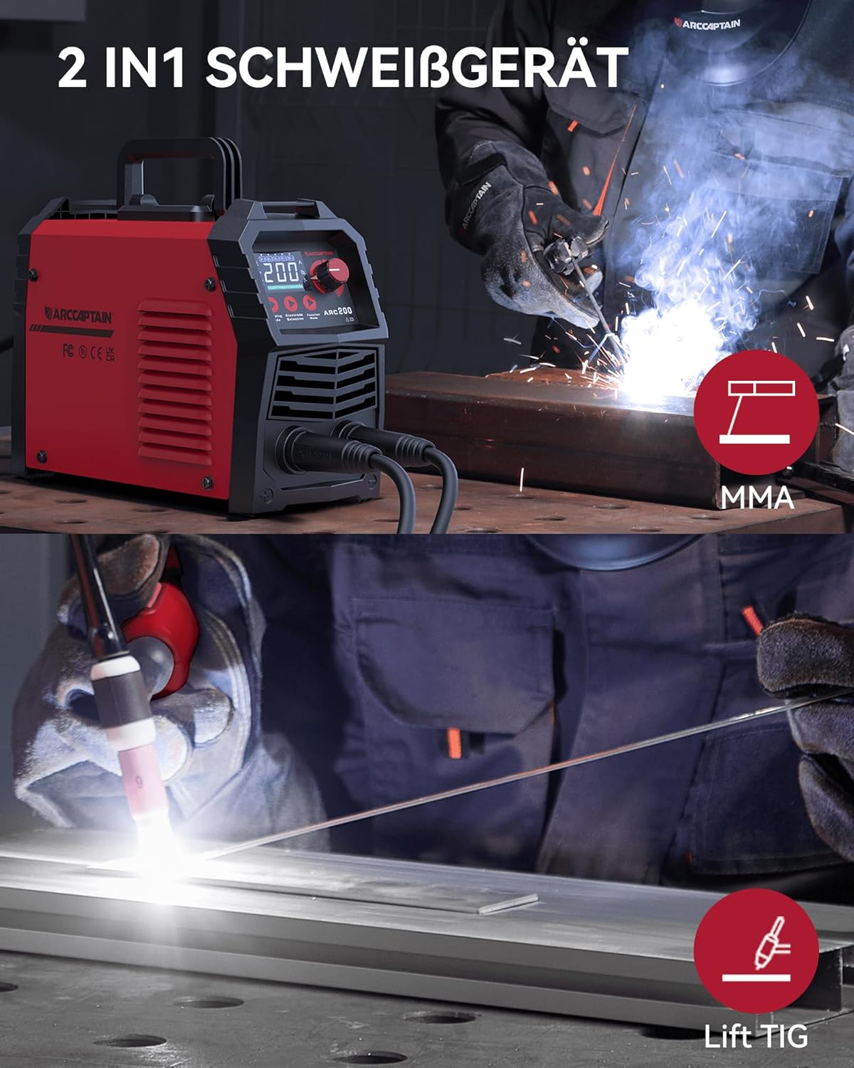 ARCCAPTAIN ARC 200 Lasapparaat: 200A IGBT DC lasapparaat met LED-display, synergetische bediening, lift TIG draagbaar compact elektroden lasapparaat