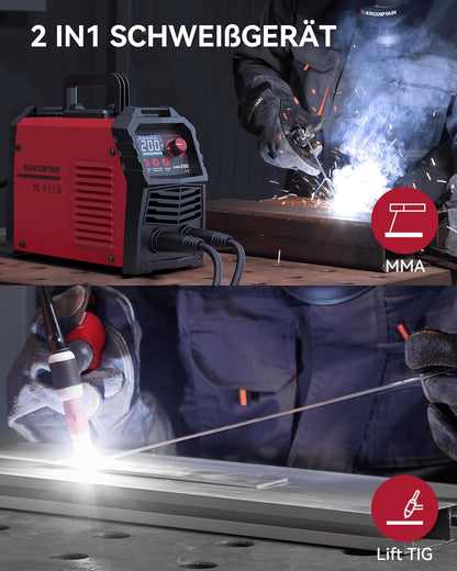 ARCCAPTAIN ARC 200 Lasapparaat: 200A IGBT DC lasapparaat met LED-display, synergetische bediening, lift TIG draagbaar compact elektroden lasapparaat
