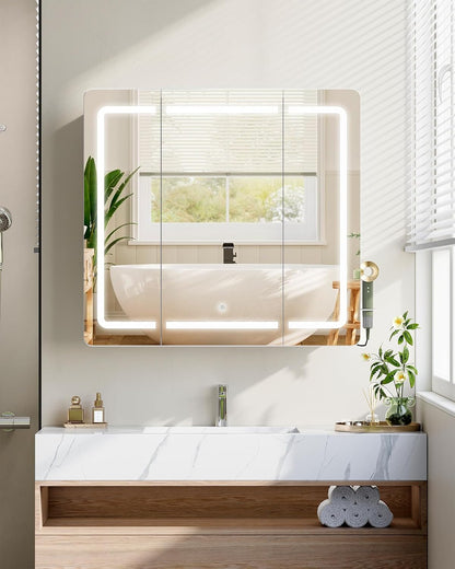 Hzuaneri Mirror Cabinet for Bathroom with LED Lighting, Mirror Cabinet for Bathroom, 3 Light Colours Adjustable, HD Mirror 16.5 x 75 x 80 cm White MC30003XEU