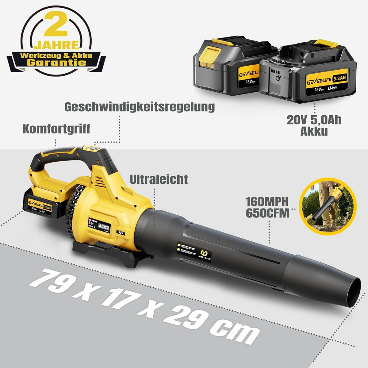 GEVEELIFE Accu-bladblazer, 18 V, 257 km/u, elektrische bladblazer met 3 versnellingen en 2 x 5,2 Ah accu's, draadloze bladblazer voor tuin, bladeren, stof en sneeuw (inclusief batterij), geel