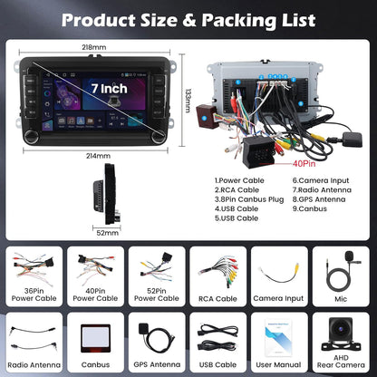 4G+64G Android 15 2 DIN Autoradio voor VW Golf Tiguan Caddy Polo Touran met Draadloze CarPlay Android Auto GPS, 7" Touchscreen, DSP FM/RDS Radio WiFi + Achteruitrijcamera + Microfoon