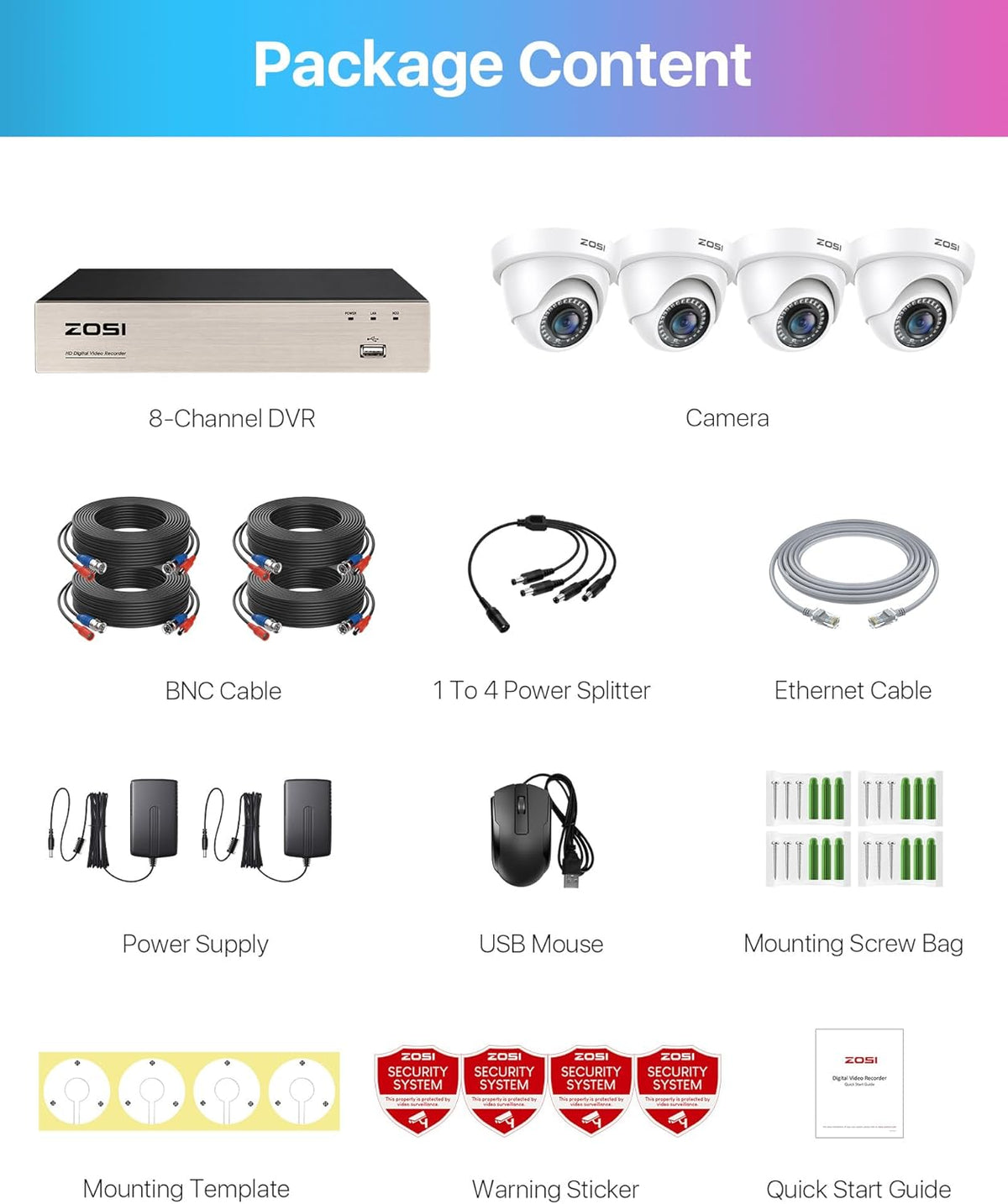 ZOSI 1080P Outdoor Beveiligingscamera Set 8CH H.265 + 2MP DVR met 4X 1080P Diskless Dome Camera 24M IR Nachtzicht voor Thuisbewaking