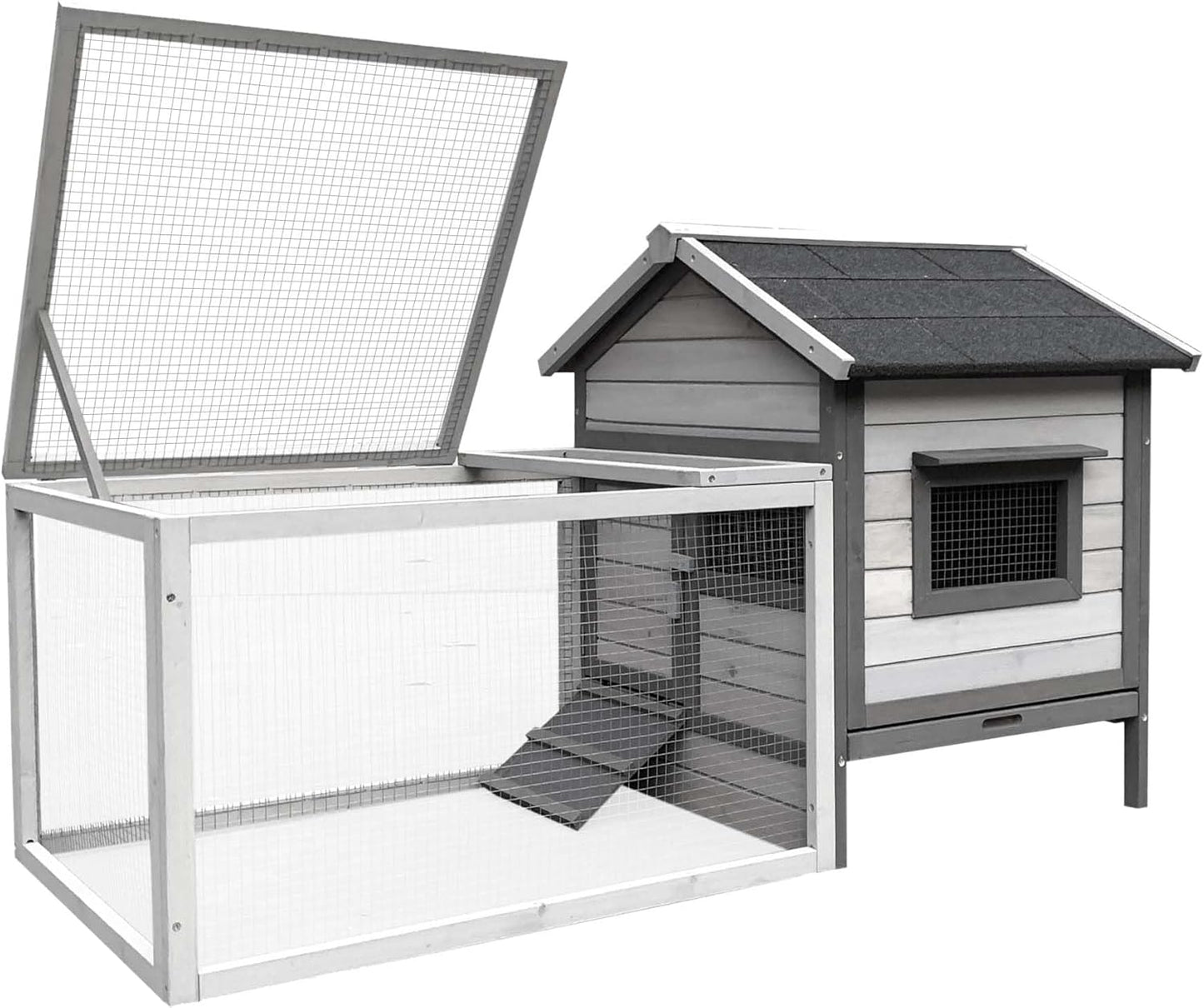 Rabbit hutch light grey 146x75x83 cm made of wood - rodent house free walking space - removable bowl - QUORE