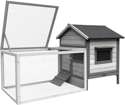 Rabbit hutch light grey 146x75x83 cm made of wood - rodent house free walking space - removable bowl - QUORE