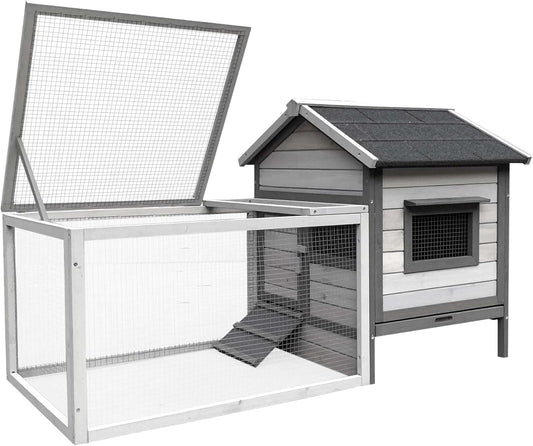 Rabbit hutch light grey 146x75x83 cm made of wood - rodent house free walking space - removable bowl - QUORE