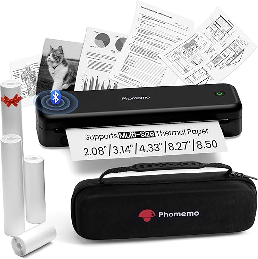 Phomemo M834 Portable Thermal A4 Compatible with Phone and Laptop, Bluetooth Inkless Printer for Home Use, Mobile Printers Including Bag and 4 Rolls Thermal - QUORE