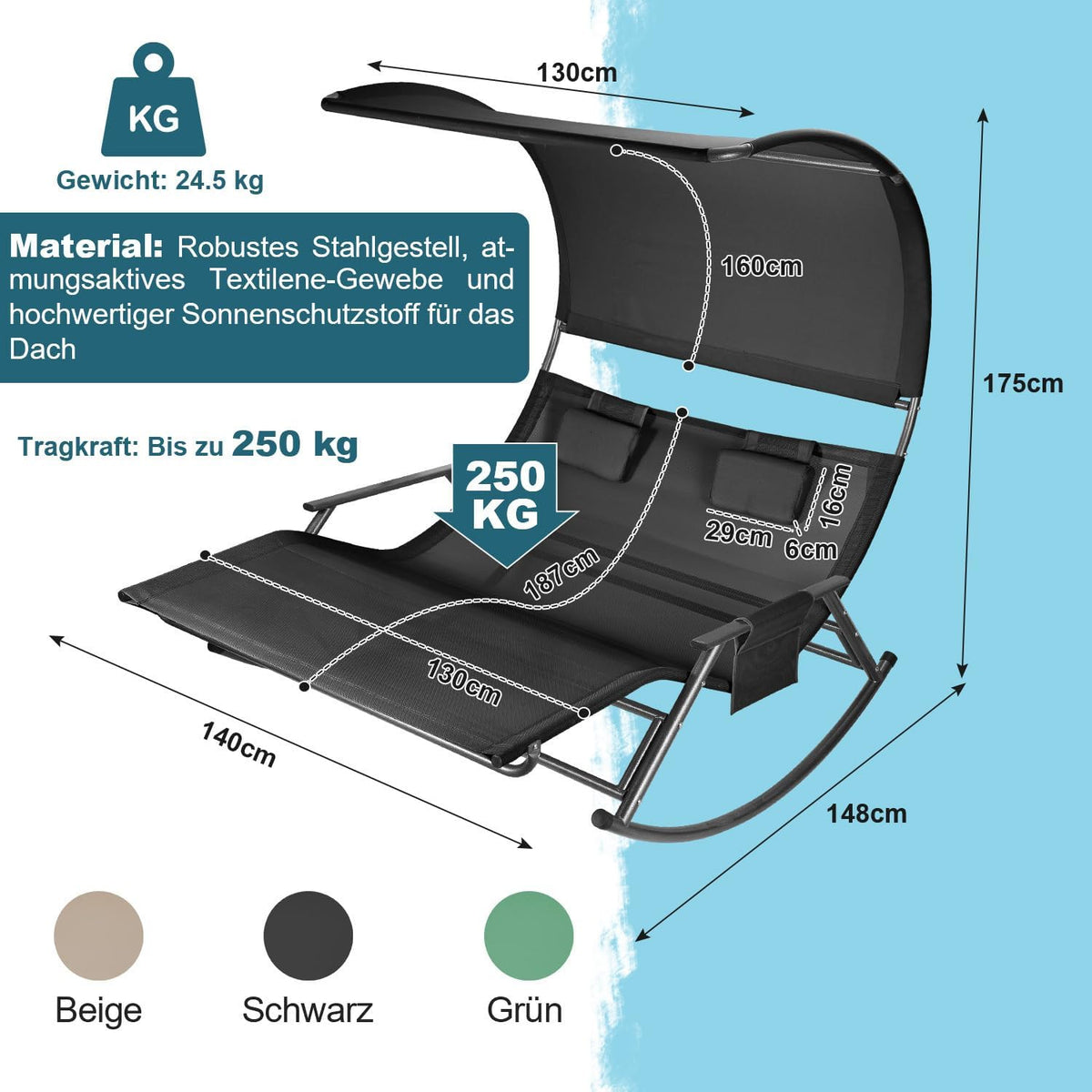 Dubbel ligbed voor buiten, schommelstoel voor 2 personen tot 250 kg, zonneligstoel met zonnedak en tas, ademend weefsel, antraciet voor tuin, balkon en terras - QUORE
