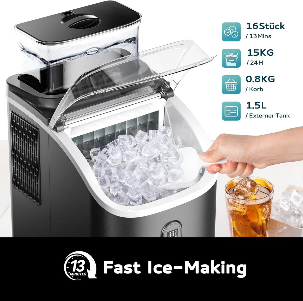 EUHOMY IJsblokjesmachine voor op het werkblad, 15 kg ijsmachine, ijsmachine, 2 liter ijsblokjesmachines, 16 ijsblokjes in 13 minuten, zelfreinigende ijsblokjesmaker voor thuis/keuken/kantoor, zwart