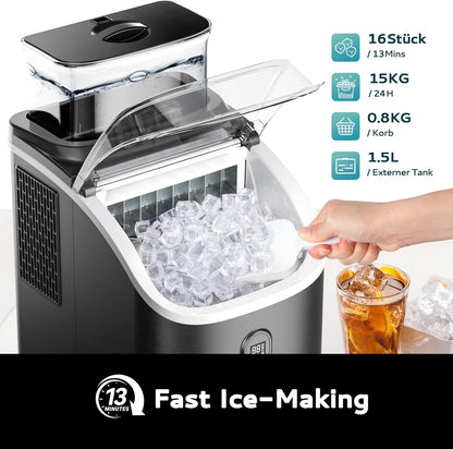 EUHOMY IJsblokjesmachine voor op het werkblad, 15 kg ijsmachine, ijsmachine, 2 liter ijsblokjesmachines, 16 ijsblokjes in 13 minuten, zelfreinigende ijsblokjesmaker voor thuis/keuken/kantoor, zwart
