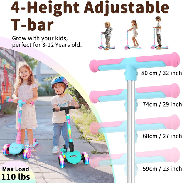 BELEEV Scooter voor kinderen van 3-12 jaar met lichtgevende wielen en deck, 3-wielige opvouwbare scooter voor peuters, meisjes, jongens, 4 verstelbare hoogte, antislippatroondek, lichtgewicht scooter
