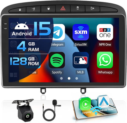 4+128G autoradio voor Peugeot 408/308/308SW 2007-2013, Android 15 met 9-inch In-Cell scherm, ondersteunt draadloze CarPlay en Android Auto, Mirror Link, FM/RDS-radio, GPS, wifi, Bluetooth