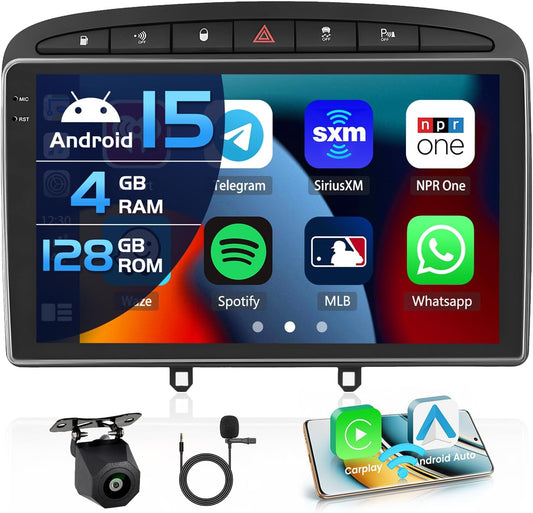 4+128G autoradio voor Peugeot 408/308/308SW 2007-2013, Android 15 met 9-inch In-Cell scherm, ondersteunt draadloze CarPlay en Android Auto, Mirror Link, FM/RDS-radio, GPS, wifi, Bluetooth