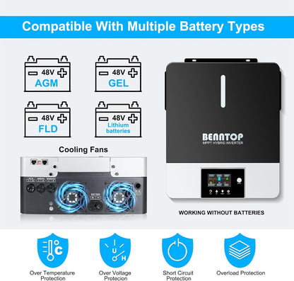 Hybride omvormer, zuivere sinus, 6200 W, 48 V DC naar 220/230 V AC zonne-omvormer, PV max.500 V, Avec Chargeur Solaire 120 A, MPPT voor netonafhankelijke loodzuur-lithiumbatterij