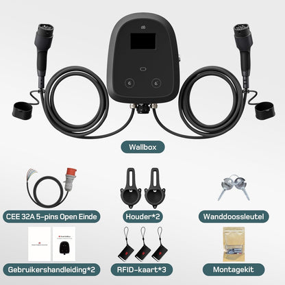 dé Dual-Cable Wallbox 2×11kW [7m+10m, 6-16A, 3-Fase] EV Oplader 11kW met Twee Type 2 Laadkabel met APP, RFID en OCPP-protocollen, Wallbox 11kW Gelijktijdig Opladen van Twee Auto’s, voor BEV/PHEV.