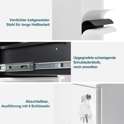 Bureaukast met 4 sleutels, mobiele opbergdoos, bureaulade, afsluitbaar, 3 laden, werk, thuiskantoor