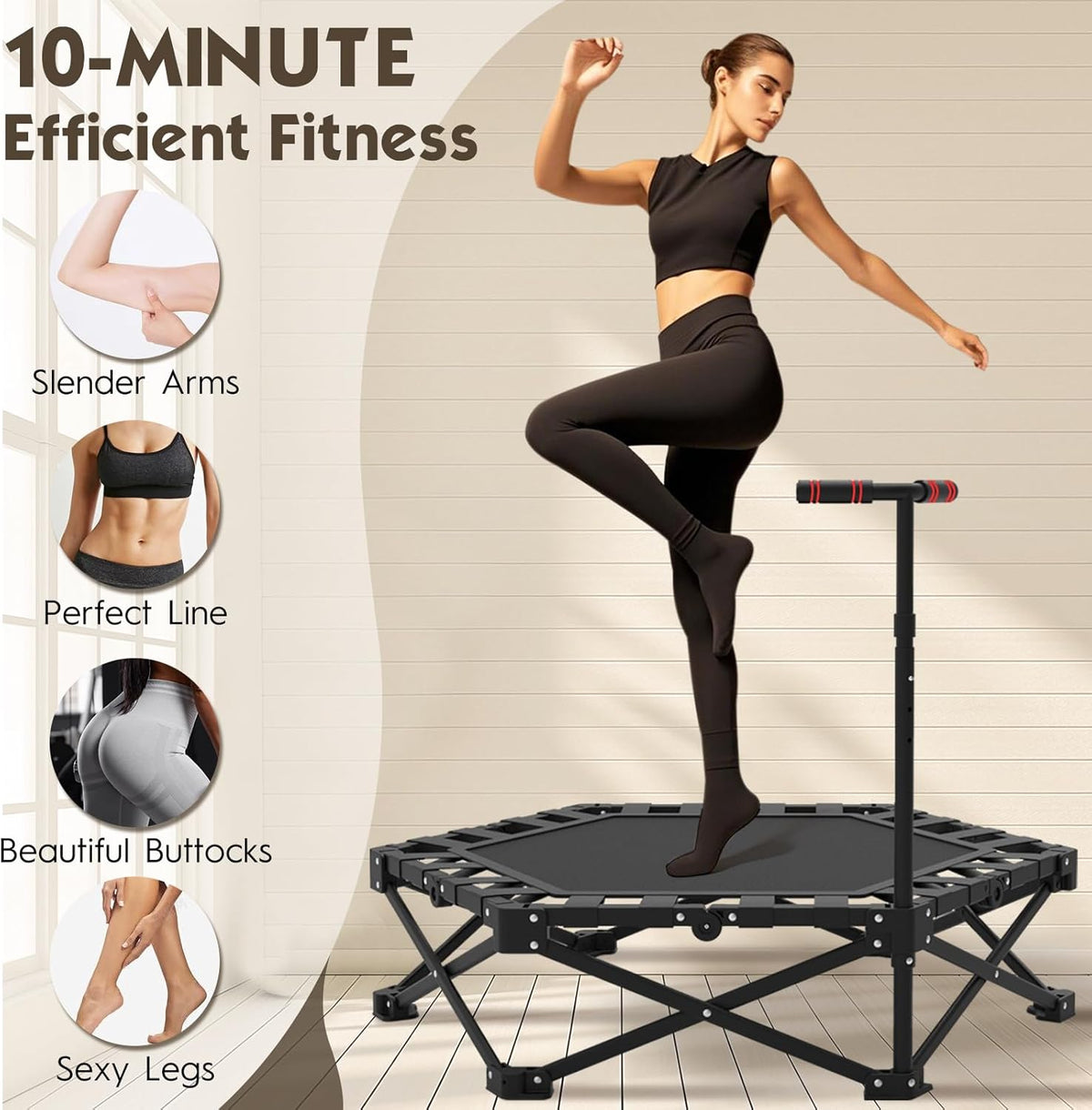 Fitness trampoline indoor 106 cm, inklapbaar met verstelbare handgreep, stabiele en stille rebounder voor kinderen en volwassenen, tot 600 kg statische belasting, 115 cm hoog