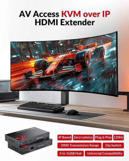 AV Access Professional UHD 4K @30Hz 1080P@120Hz KVM-extender via TCP/IP Ethernet, 16 sets DIP-switches, verreikend tot 120 m (390 ft) via enkele Cat5e/6-kabel, 3 poorten USB 2.0-hubs, geen latentie