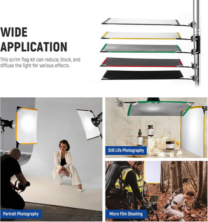 Opvouwbare Scrim Vlag Set – Fotografie Vlag – Lichtvlag – Scrim – Lichtmodifier – 5-In-1 Met 5 Vlaggen Van 45 X 60 Cm – Inclusief 2 Ronde En 2 Rechthoekige Scrims En Draagtas