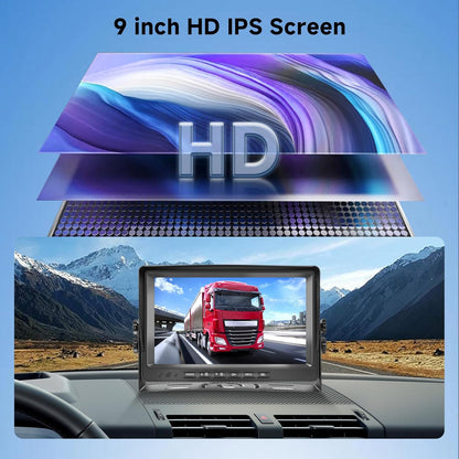 Achteruitrijcameraset, 9-inch LCD-monitor met 2 AHD-achteruitrijcamera's, IP69 waterdicht, nachtzicht met 10 m + 10 m kabel, voor auto's, pick-ups, vrachtwagens, kleine campers, campers DC12V-35V