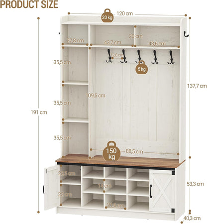 Hzuaneri Hallway tree, LED storage space and coat rack in wood, hall furniture with 7 hooks, hallway tree with bench and storage space, shoe bench with 6 storage compartments, rustic white HT24614XEU