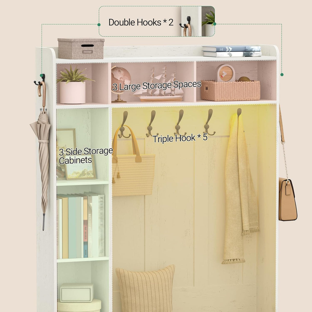 Hzuaneri Hallway tree, LED storage space and coat rack in wood, hall furniture with 7 hooks, hallway tree with bench and storage space, shoe bench with 6 storage compartments, rustic white HT24614XEU