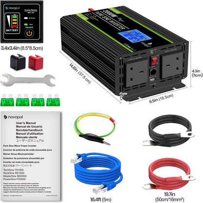Novopal Pure Sinus Omvormer 2000W 24V naar 230V 240V Auto Converter Omvormer met LCD Display 2AC Outlets En USB Port-Afstandsbediening voor campers, Vrachtwagen, Boot, camping, huishouden, Van