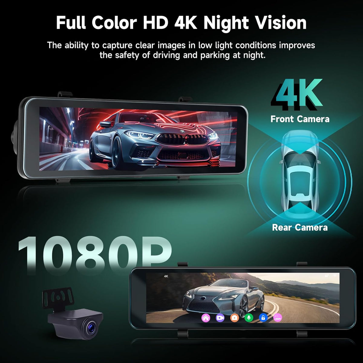 Spiegel-Dashcam – Achteruitkijkspiegel Dashcam, Spiegel Dashcam, Autocamera, Achteruitrijcamera – 10,88 Inch Touchscreen – 4K Voorcamera + 1080p Achtercamera
