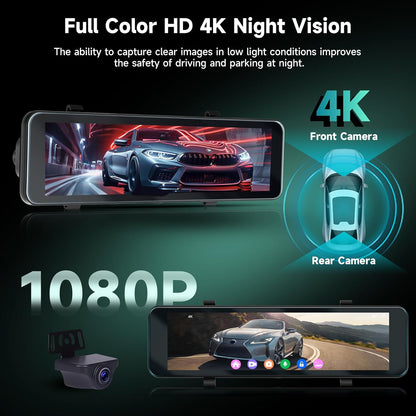 Spiegel-Dashcam – Achteruitkijkspiegel Dashcam, Spiegel Dashcam, Autocamera, Achteruitrijcamera – 10,88 Inch Touchscreen – 4K Voorcamera + 1080p Achtercamera