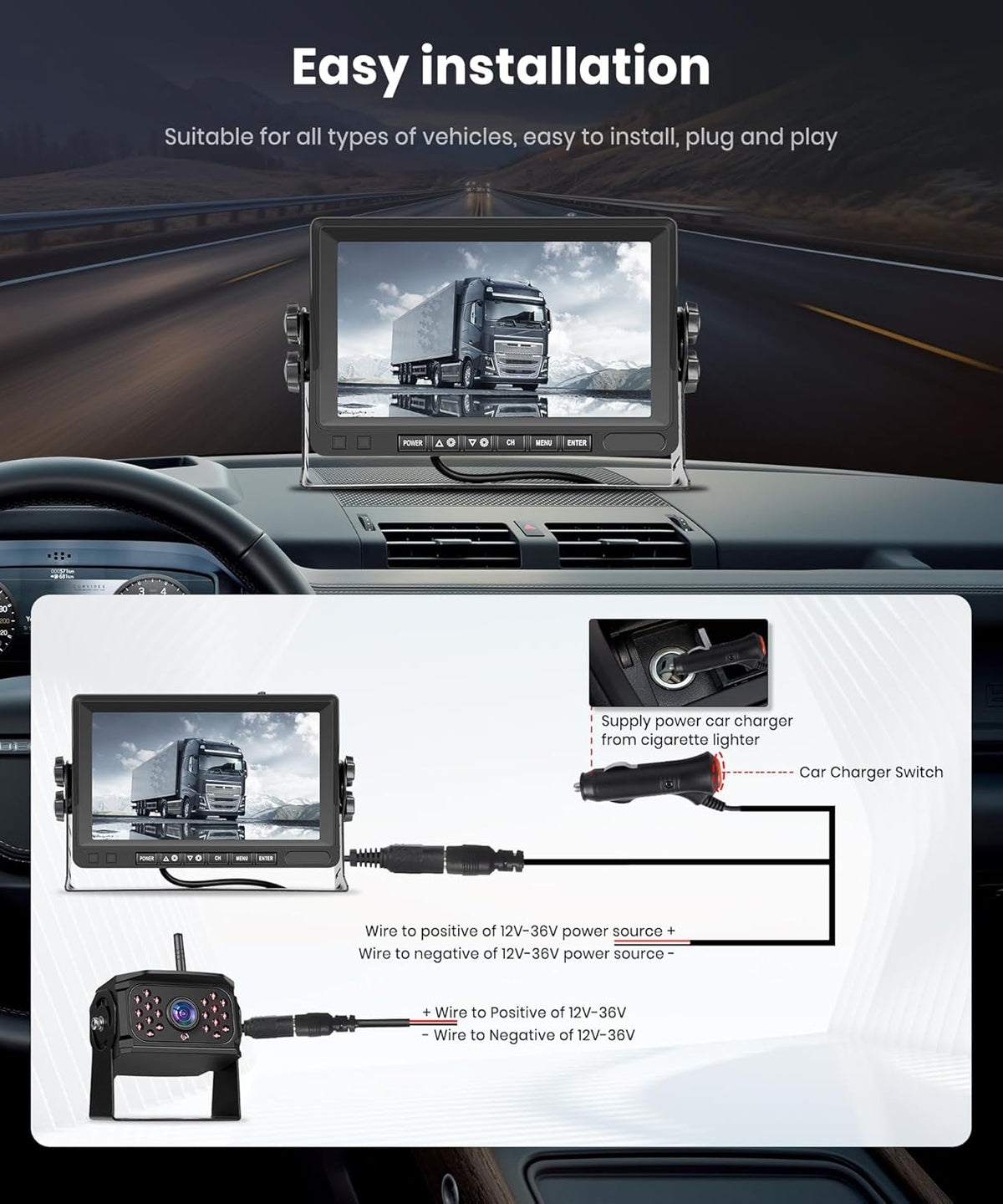 Podofo 4 * Draadloze achteruitrijcamera met 7 inch monitor, IP69 Achteruitrijcamera Waterdichte Groothoek Nachtzicht voor RV / Caravan/LKW, Video Looping, Handmatige Vergroting
