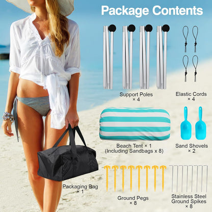 Rhino Valley Beach Tent, 10 x 10 FT Beach Shade UPF50+ Protection, Beach Canopy with 8 Sandbags 4 Stability Poles, Outdoor Beach Tent Sun Shelter Umbrella for Sand, Camping, Fishing,Mint Green Stripes