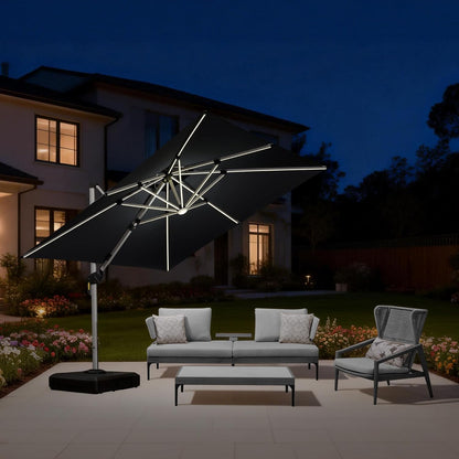 Purple Leaf Parasol 300 cm met led-verlichting op zonne-energie, 270 x 270 cm, zonnescherm, marktparasol, tuinparasol met zwengel, terrasparasol met zwengel, 360° rotatie, zonwering UV50+, grijs