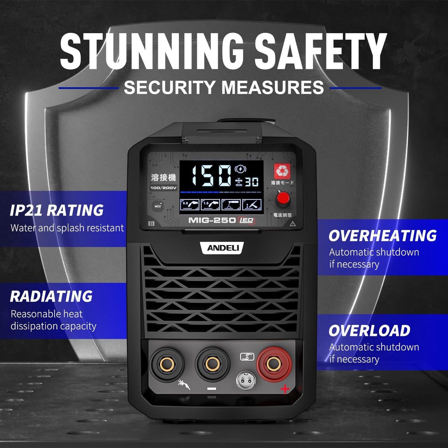 ANDELI MIG lasapparaat 135 A, IGBT omvormer 110 V/220 V, multiproces (MIG Flux/TIG heffen/stick), zonder gas, model MIG-250ME met led-display.