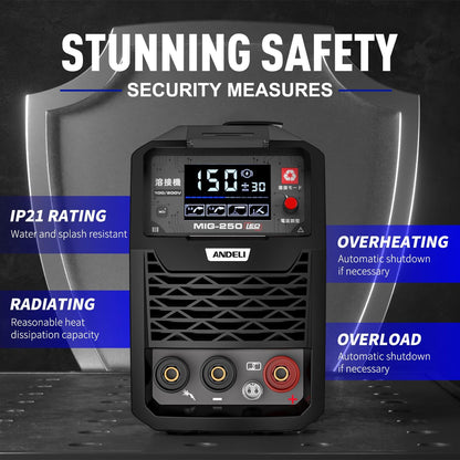 ANDELI MIG lasapparaat 135 A, IGBT omvormer 110 V/220 V, multiproces (MIG Flux/TIG heffen/stick), zonder gas, model MIG-250ME met led-display.