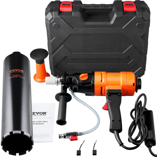 VEVOR Diamond Drill Max Diameter 102mm Depth 400mm 1500W Diamond Drill 1100/2400rpm Diamond Drill Wet Drilling with Core and Level Reinforced Concrete Construction