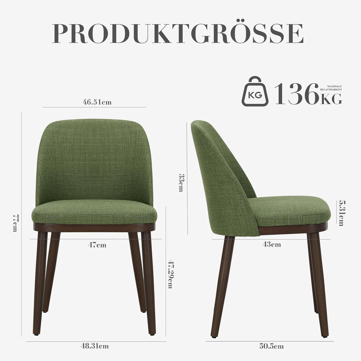 COLAMY Gevoerde eetkamerstoelen, set van 2, moderne keukenstoelen met rugleuning, stoffen stoel met houten poten voor eetkamer, keuken, restaurant, groen
