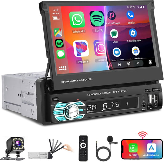 Podofo Carplay Android Auto Draadloze Bluetooth Autoradio met 7'' handmatig intrekbaar, FM-radio met 2 USB/Type C/AUX/SD Stuurwielbediening+Achteruitrijcamera/7 kleurrijke lichten