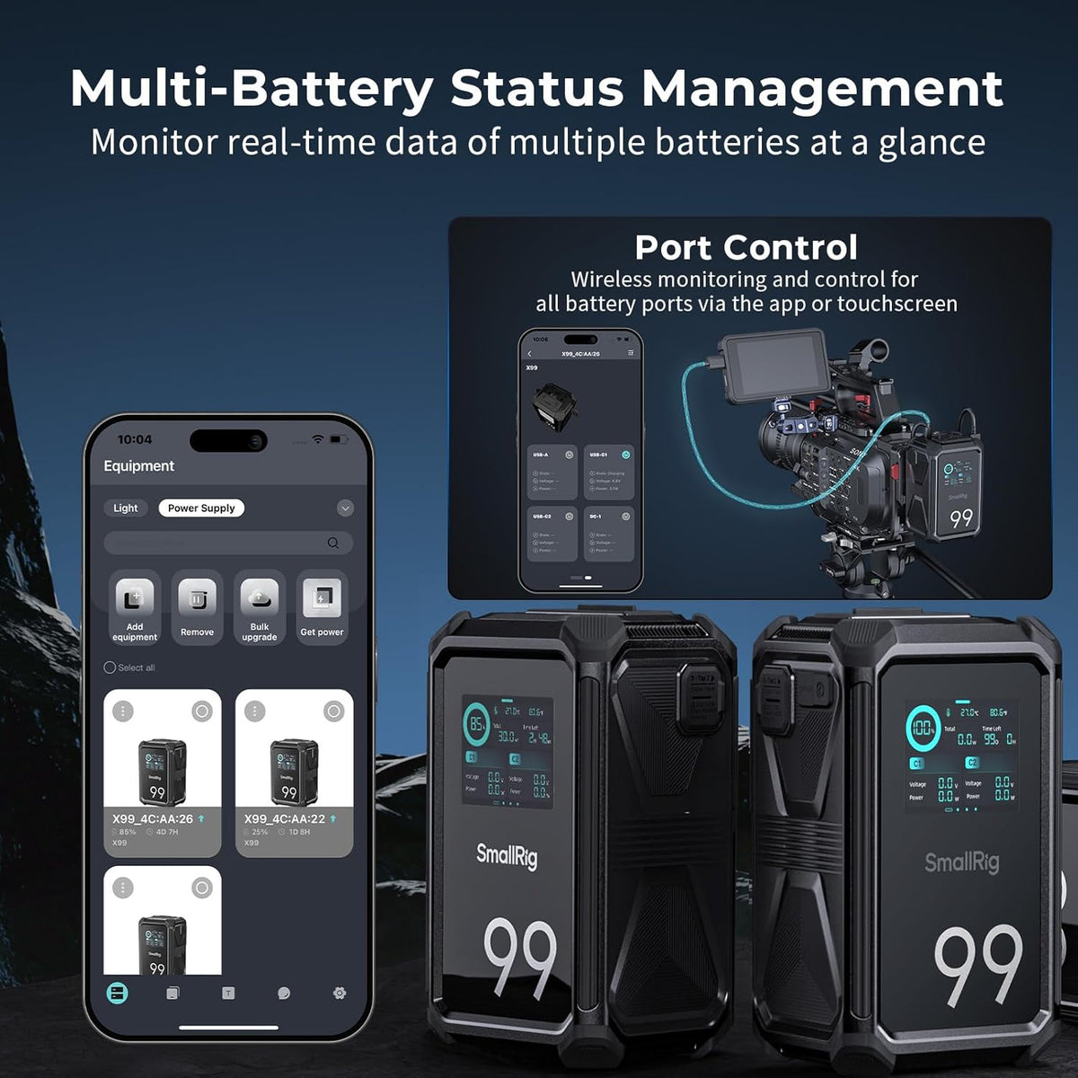 SMALLRIG V Mount Battery X99, 99Wh / 6800mAh V Mount Battery, 100W Output 2H Full Charge, Dual D-TAP, USB-C, DC Ports, APP Control, 2.0" Touchscreen, for Camera, Camcorder, Monitor, Video Light - 4984