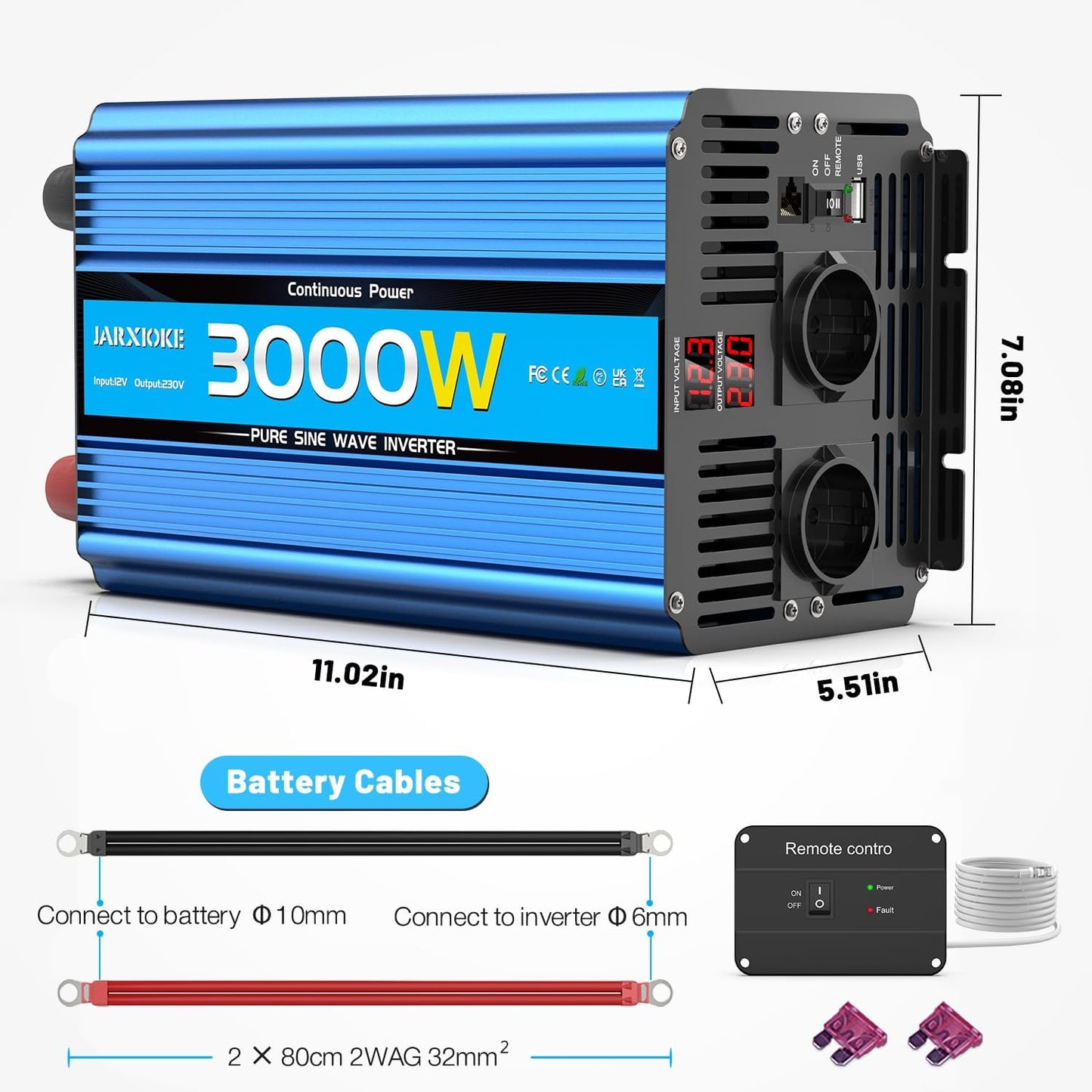Zuivere Sinus Omvormer 3000W voor Buiten Auto 12V 230V Spanningsomvormer Inverter Pure Sine Wave met Afstandsbediening EU Stopcontact USB Poort