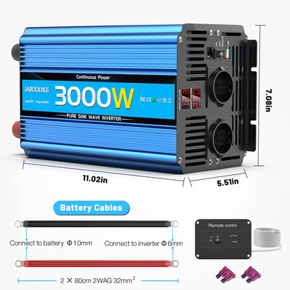 Zuivere Sinus Omvormer 3000W voor Buiten Auto 12V 230V Spanningsomvormer Inverter Pure Sine Wave met Afstandsbediening EU Stopcontact USB Poort