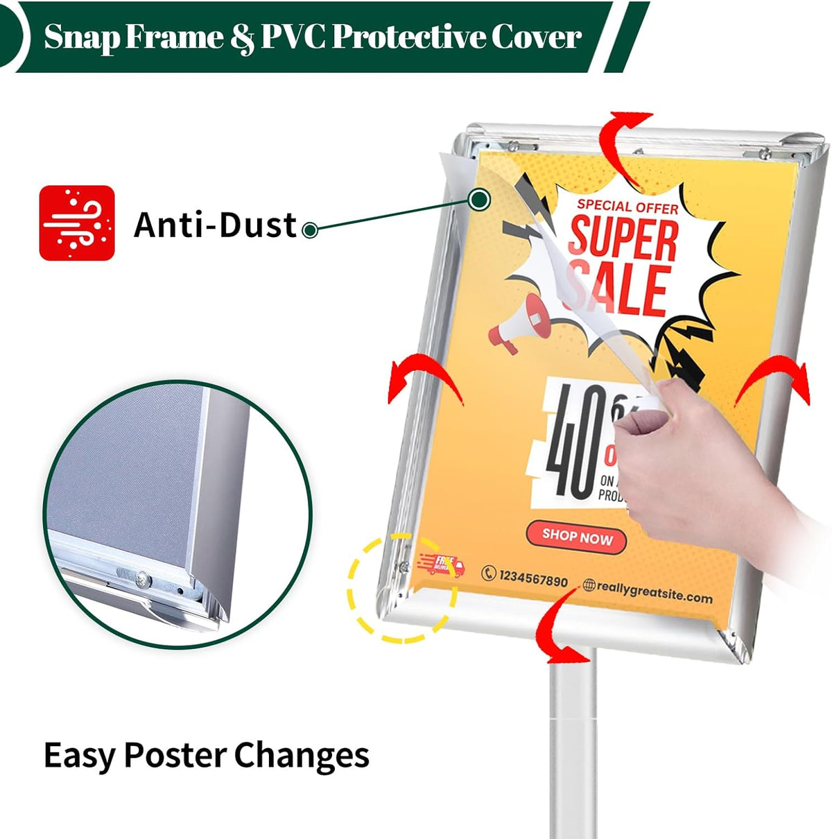 A3 Posterstandaard Set Van 3 Zilver – Posterstandaard – Bordstandaard – Bordhouder – Menustandaard – Verzwaarde Voet 2,6 Kg – Open Klikframe Met UV-Bestendige PVC Hoes